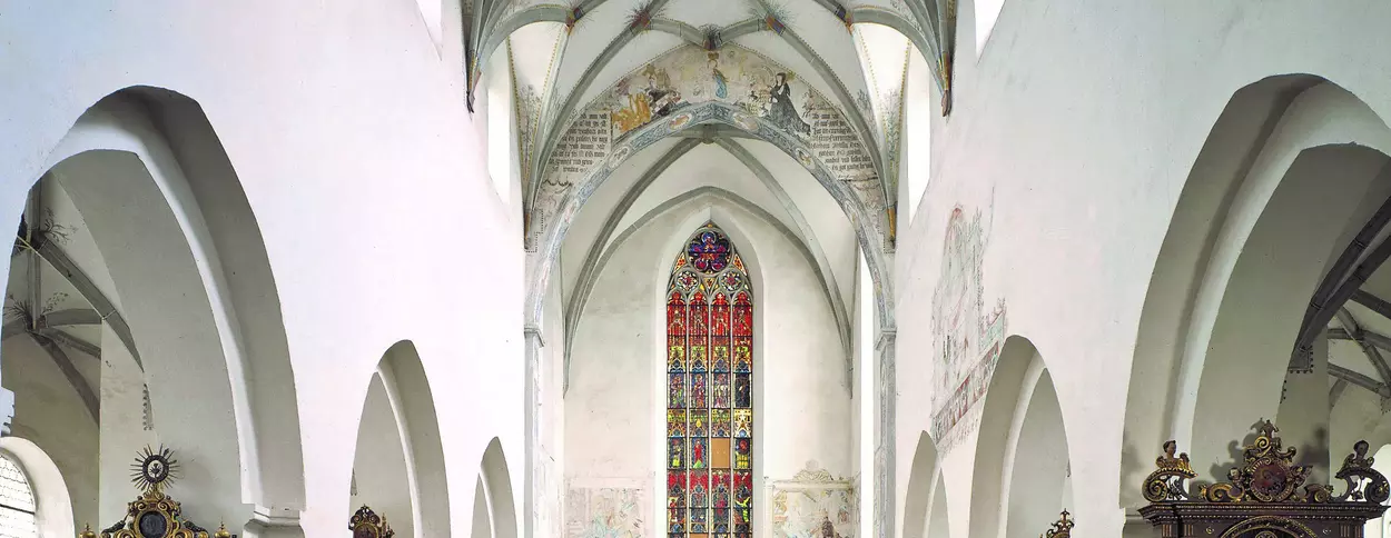Heiligkreuztal Monastery, convent church, the resplendent choir window and the richly decorated altars